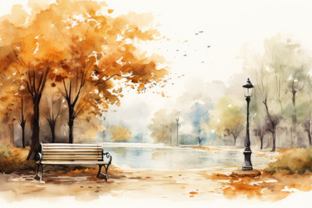 Watercolor painting of a bench in a park with autumn trees.の素材