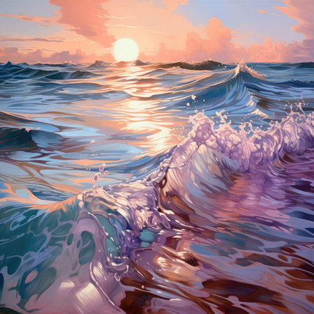 Beautiful seascape with waves and sunset. Colorful illustration.の素材