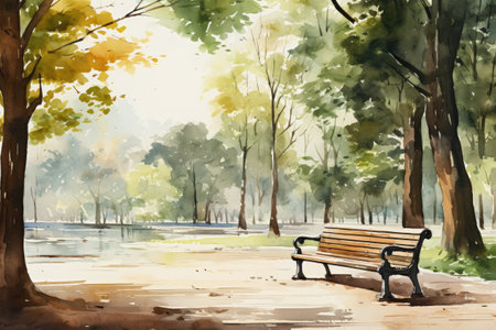 Watercolor Wooden bench in the park.の素材