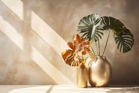 Beautiful tropical monstera leaves in vase on wooden table near beige wallの素材