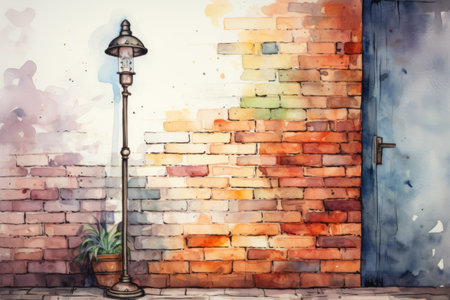 Watercolor Vintage street lamp on the brick wall background.の素材