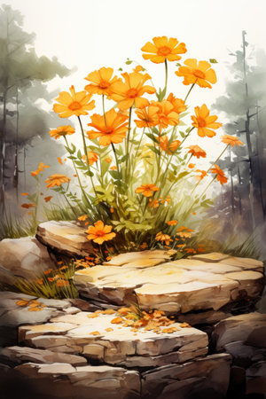 Watercolor Orange cosmos flowers in the garden.の素材