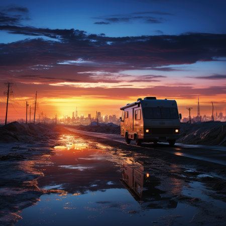 Camper van on the road at sunset in the desert.の素材