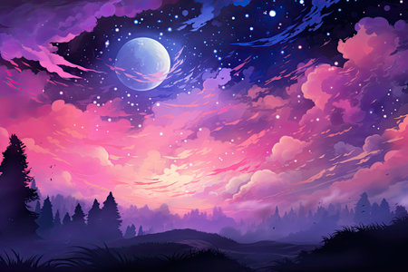Fantasy landscape with mountains and forest, full moon and starsの素材