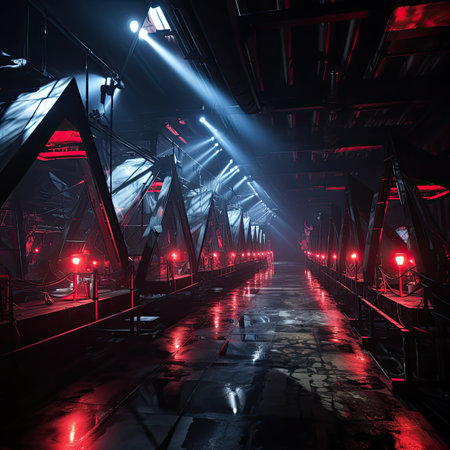 Futuristic corridor in the dark with red lights.の素材