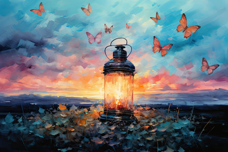 Oil painting of a lantern with butterflies flying in the sky at sunsetの素材