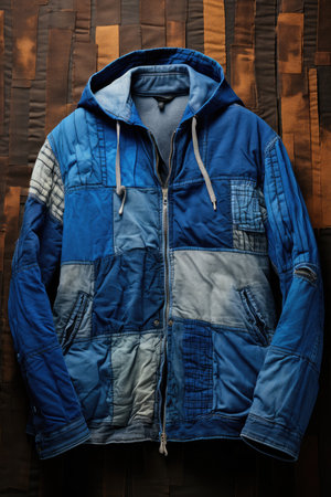 Blue men's jacket with hood on a wooden background. Winter fashion.の素材
