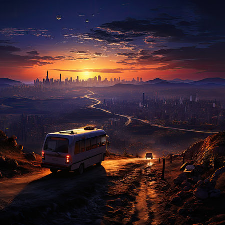 Travel by camper van in the mountains at sunset.の素材