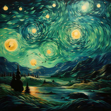 Fantasy night landscape with lake, forest and mountains.の素材