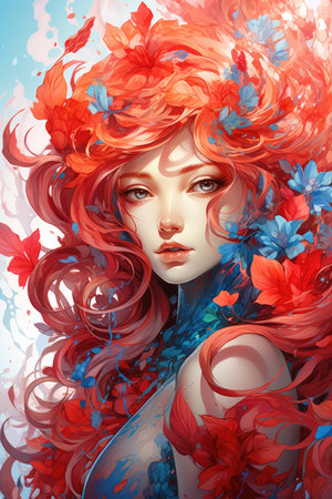 Beautiful girl with red hair and flowers in her hair.の素材