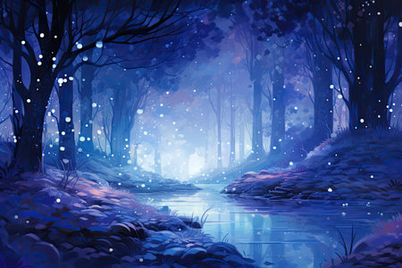 Fantasy forest with a river and falling snow.の素材
