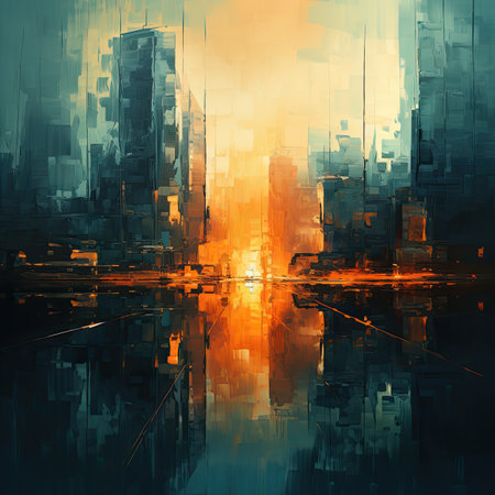 abstract urban scene with skyscrapers and reflection in the waterの素材