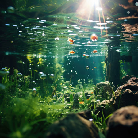 Underwater view of aquarium with fishes and algae. Underwater world.の素材
