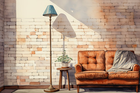 Modern interior design. Living room with sofa, lamp and brick wallの素材
