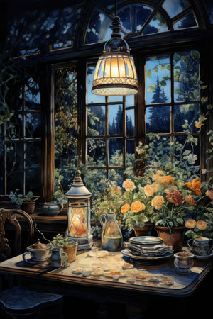 Vintage interior with window and tableware.の素材