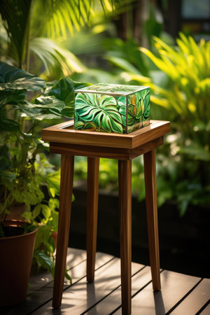 gift box on a wooden table in a tropical gardenの素材