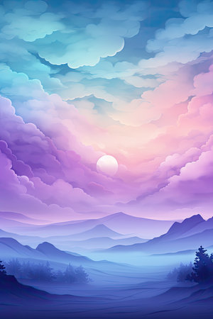 Fantasy landscape with mountains, sun and clouds.の素材
