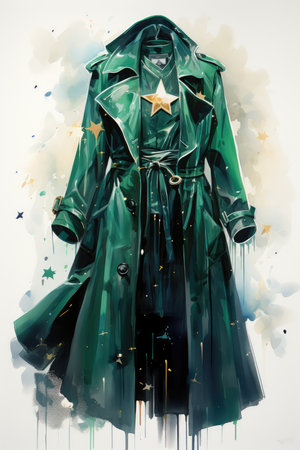 Watercolor green raincoat on a white background.の素材