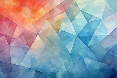 Abstract watercolor background with blue, orange and red triangles.の素材