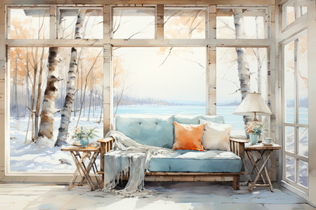 Sofa with cushions on the windowsill. Winter landscape.の素材