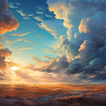 Fantasy landscape with wind turbines at sunset.の素材