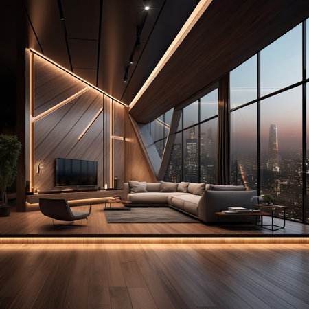 Interior of modern living room with wooden floor, panoramic window and city view.の素材