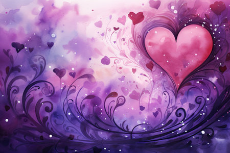 Watercolor valentine background with hearts and swirlsの素材