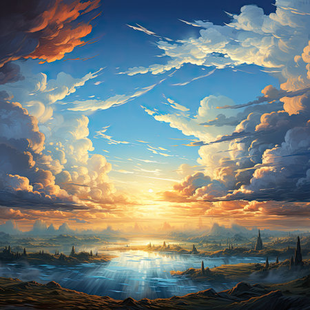 Fantasy landscape with ancient city in the middle of the sea.の素材