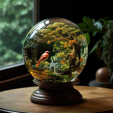 Glass globe with birds inside on a wooden table in the room.の素材