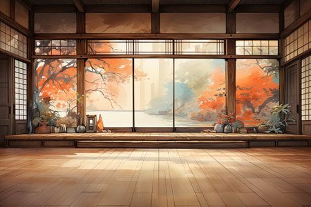 Japanese style living room with a view of the lake.の素材