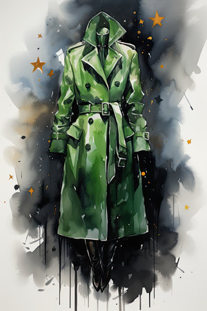 Watercolor Fashion illustration of a stylish woman in a raincoat.の素材