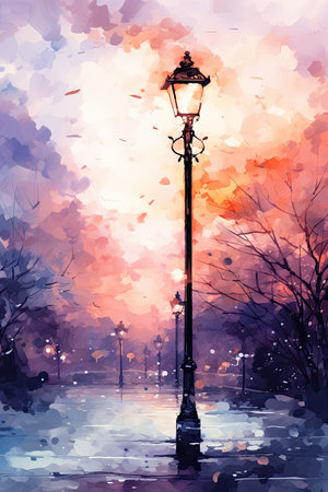 Watercolor illustration of a street lamp in the park.の素材