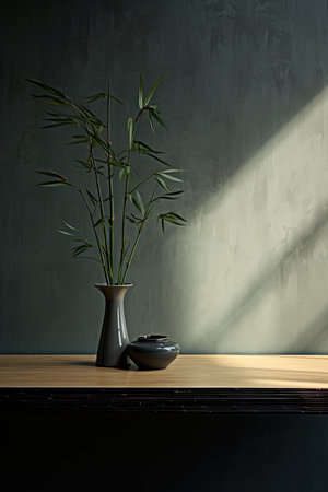 Vase with a bamboo plant on a wooden table in a dark roomの素材