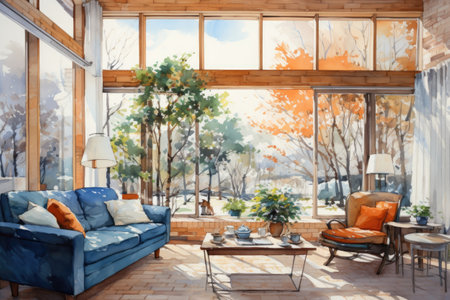 Interior design of modern living room with garden view.の素材