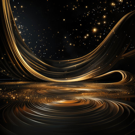 Abstract black background with golden waves and shining stars.の素材