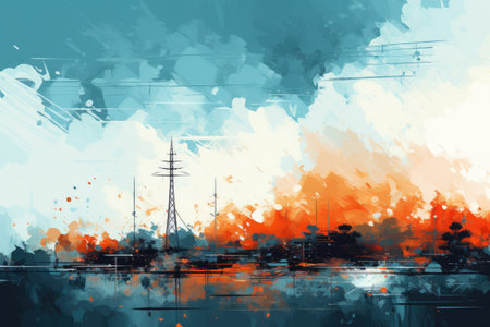 Watercolor background with power line in the city.の素材