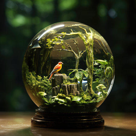 Bird in a glass sphere with moss and trees in the background.の素材