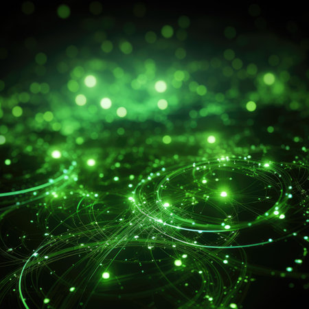 abstract background with green glowing lines and bokeh effect.の素材