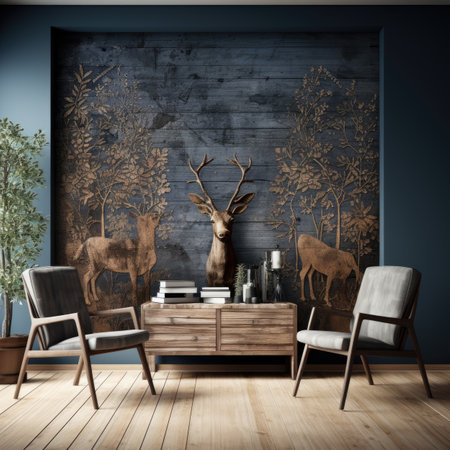 Modern living room interior with wooden furniture, armchairs, bookshelf, tree and plant.の素材