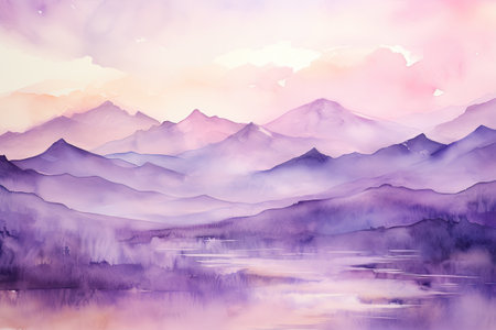 Abstract watercolor landscape with mountains, lake and sky.の素材