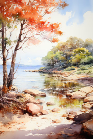 Watercolor painting of a lake, forest and trees on the shoreの素材