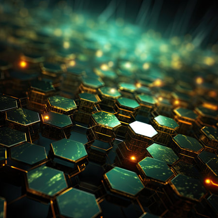 abstract technology background with hexagons and glowing particlesの素材