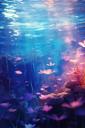 Beautiful pink flowers under water. Underwater scene.の素材