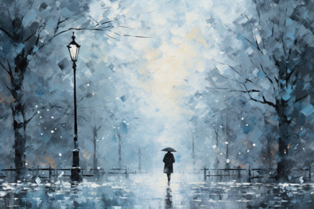 a woman walking in the rain with an umbrella and lanternの素材
