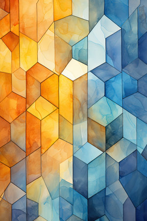 Watercolor abstract background with blue, orange and yellow hexagons.の素材