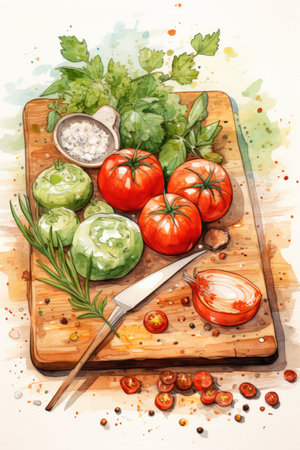 Watercolor illustration of fresh tomatoes with herbs and spices on wooden boardの素材