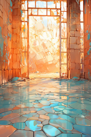 a futuristic corridor with an old broken glass doorの素材