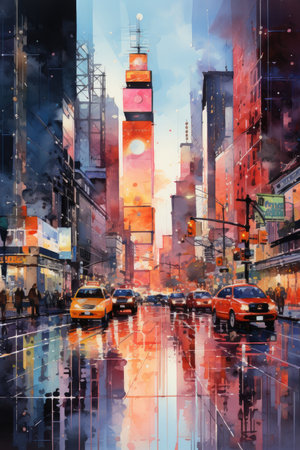 City street scene with traffic and skyscrapersの素材