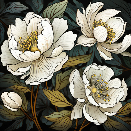 pattern with white peony flowers on dark background.の素材