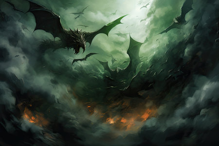 Fantasy dragon flying in the night.の素材
